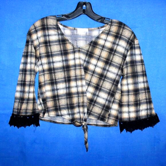 Paper + Tee Plaid Tie Front Top S - Picture 1 of 5